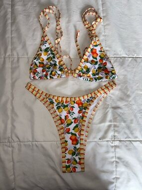 SHEIN White Citrus Print Triangle Bikini with Yellow Trim